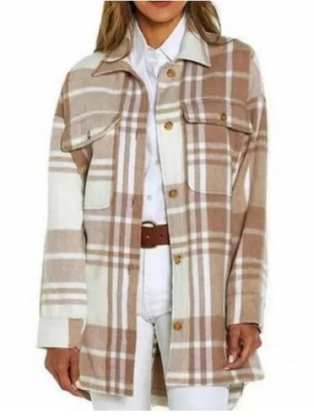 Banana Republic Beige and Cream Plaid Button-Front Shacket